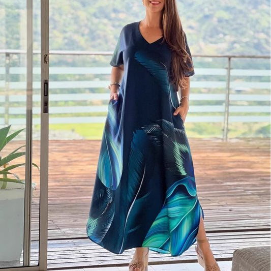 Løse, uformelle, kortermede kjoler med V-hals og trykk for kvinner