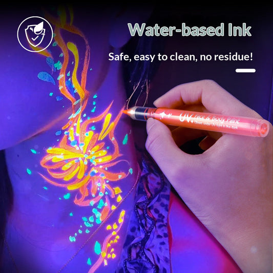 🎨✨ 8 UV-penner gløder i mørket – vanntette og lette å vaske av. Perfekt til fester! 💥