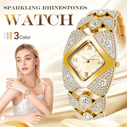 💥Den beste gaven til kvinner✨Retro kvartsklokke med glitrende strass⌚