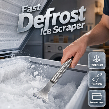 ❄️ Isskrape i rustfritt stål – bredt blad, teksturert grep, effektiv avriming. Perfekt til fryser og kjøleskap! ✨🧊