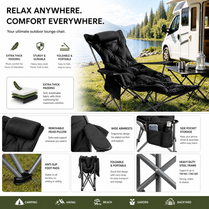 🏕️ 50% RABATT – Justerbar campingstol med fotstøtte – premium Oxford-stoff – forsterket ramme – tåler 136 kg – stabil på sand og gjørme