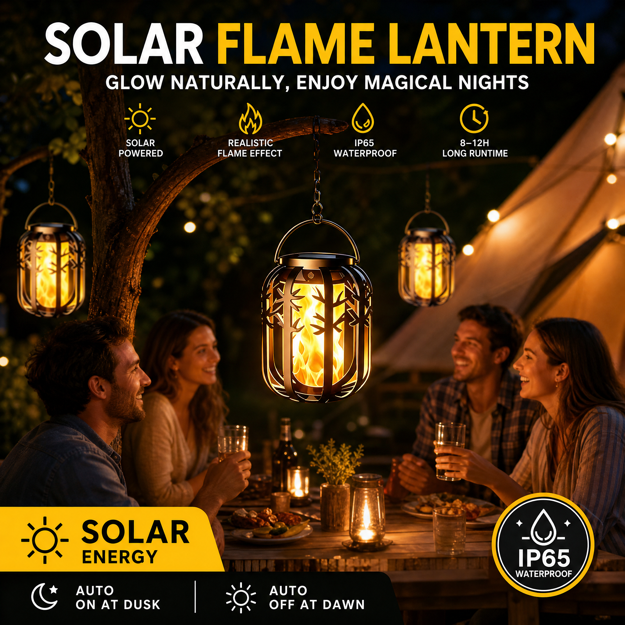☀️ Solcelledrevet lanterne med flimrende flamme – vanntett og automatisk – realistisk, varmt lys, perfekt til terrasser, hager eller stier – ingen ledning nødvendig 🌙