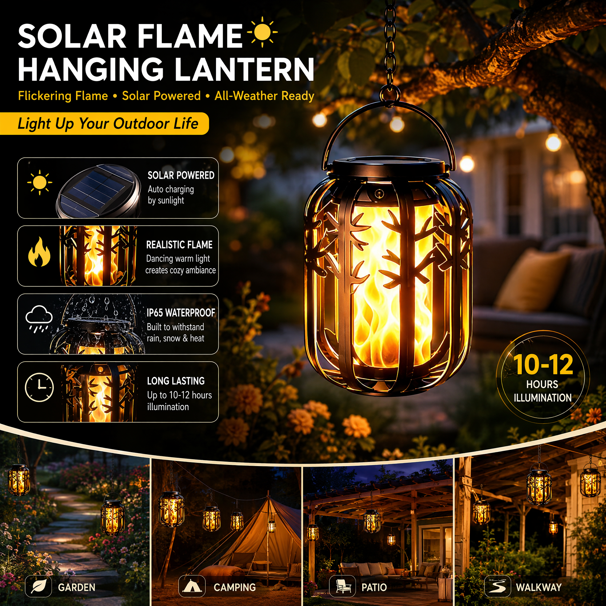 ☀️ Solcelledrevet lanterne med flimrende flamme – vanntett og automatisk – realistisk, varmt lys, perfekt til terrasser, hager eller stier – ingen ledning nødvendig 🌙