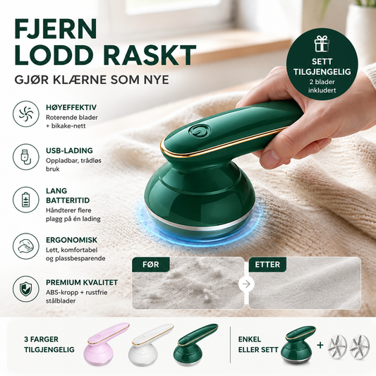 🧥 Oppladbar hårballfjerner – USB, lang levetid, kompakt. Fjerner lo fra ull, gensere og bomull! 🔋✨