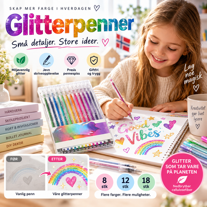 🖊️ Glittergelpenner – 8/12/18 farger, biologisk nedbrytbart glitter, giftfritt blekk. Perfekt til fargelegging og kort! ✨🎨