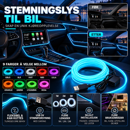 ✨ Fleksibel LED-lyslist for bil – 9 farger, USB 5V, 1–3 meter. Skap en personlig atmosfære i interiøret! 🚗🌈