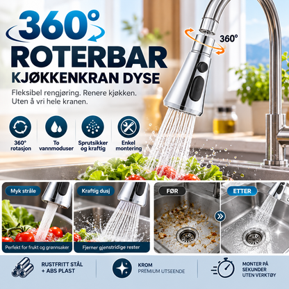 🚰 360° roterende kranforlenger – to spraymoduser, sprutfri, universal passform. Gjør kjøkkenvasken smartere! ✨💧