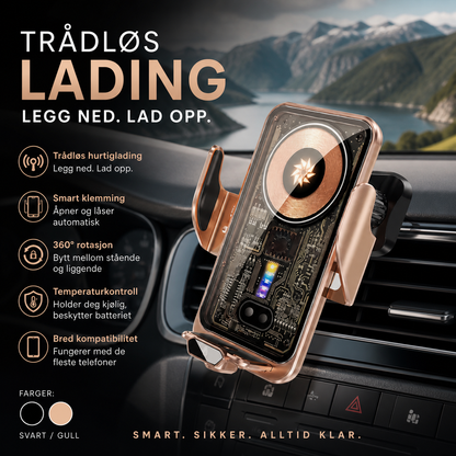 📱 Trådløs bilholder med hurtiglading – sensoråpning, 360° rotasjon. Lader mens du kjører! 🔋🚗