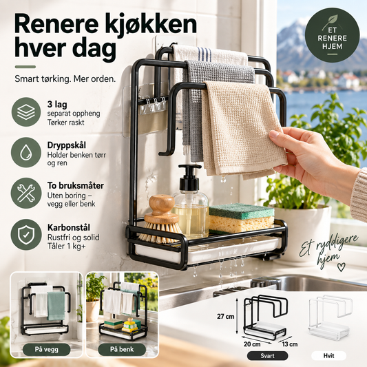 🧺 Kjøkkenklutorganiserer – 3 hyller, vanntett brett, selvklebende veggfest. Hold kluter tørre og hygieniske! 🧼✨