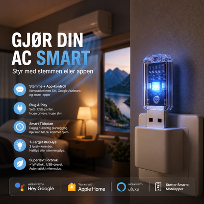 📱 Smart AC-fjernkontroll med stemme og app – 7 farger RGB-lys, energibesparende, USB-plugg. Sett timeplan – våkn opp til nedkjølt rom! 🎨💡