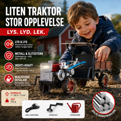 🚜 Leketraktorer med lyd og lys – sinklegering tåler røff lek, treghetsdrevne hjul ruller langt. Knapper og brytere for små hender – uten batteri! 🔋✨