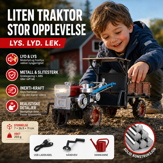 🚜 Leketraktorer med lyd og lys – sinklegering tåler røff lek, treghetsdrevne hjul ruller langt. Knapper og brytere for små hender – uten batteri! 🔋✨