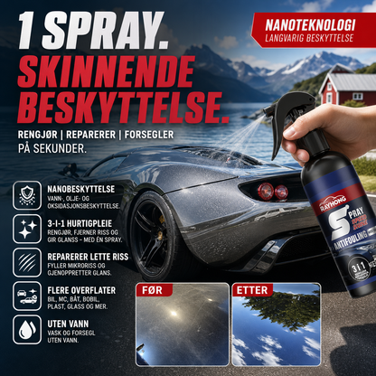 🚗✨ Nanoteknologi bilbelegg – 3‑i‑1 spray renser, reparerer riper og gir langvarig glans. Vannavvisende, oljeavvisende – beskytter mot oksidasjon! 💪