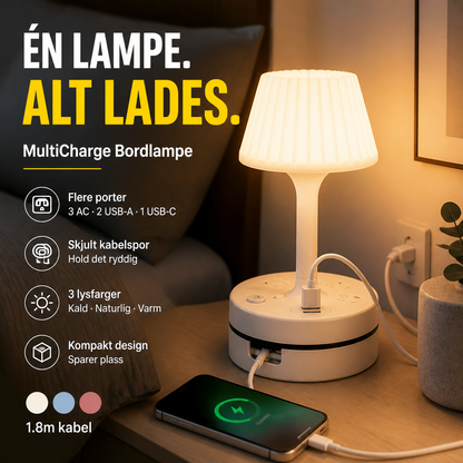 💡 Nattbordslampe med ladestasjon – 3/4 stikkontakter, 2 USB, 1 USB-C. Kabelorganisator og 3 lysfarger! 🔌✨