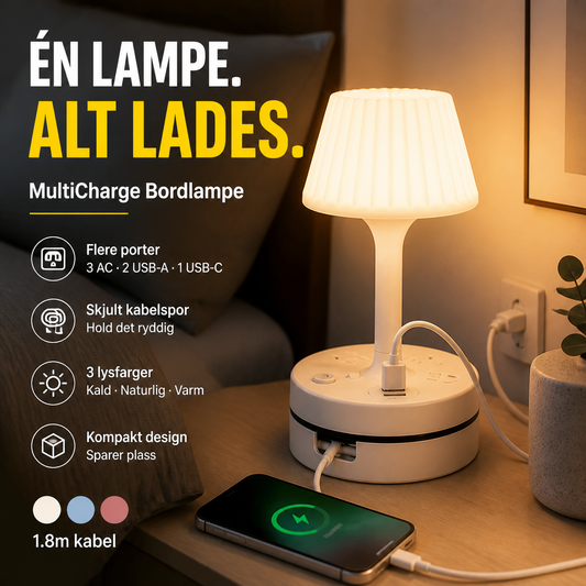 💡 Nattbordslampe med ladestasjon – 3/4 stikkontakter, 2 USB, 1 USB-C. Kabelorganisator og 3 lysfarger! 🔌✨