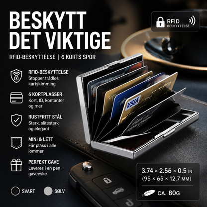 🛡️ RFID-kredittkortholder i rustfritt stål – blokkerer uautorisert skanning, 6 kortrom, kompakt og lett. Perfekt til reiser og hverdagsbruk! ✈️💳