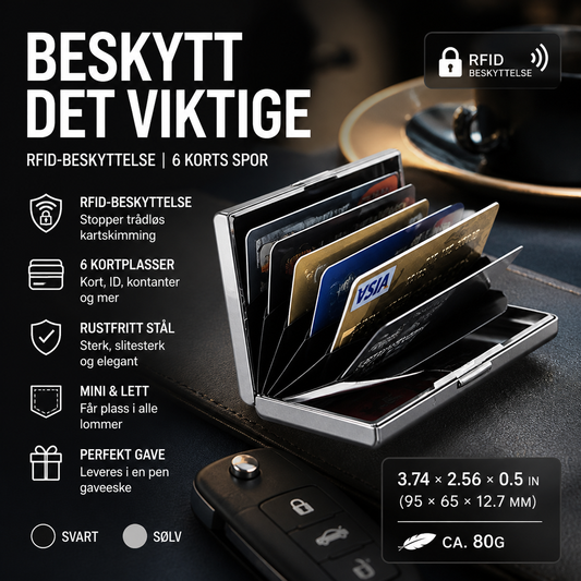🛡️ RFID-kredittkortholder i rustfritt stål – blokkerer uautorisert skanning, 6 kortrom, kompakt og lett. Perfekt til reiser og hverdagsbruk! ✈️💳