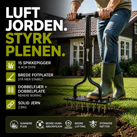 🌱 Plenlufter med 15 pigger – 4,4 cm, dobbel fjær og plate. Reduserer jordpakking – frodig plen! 🏡✨