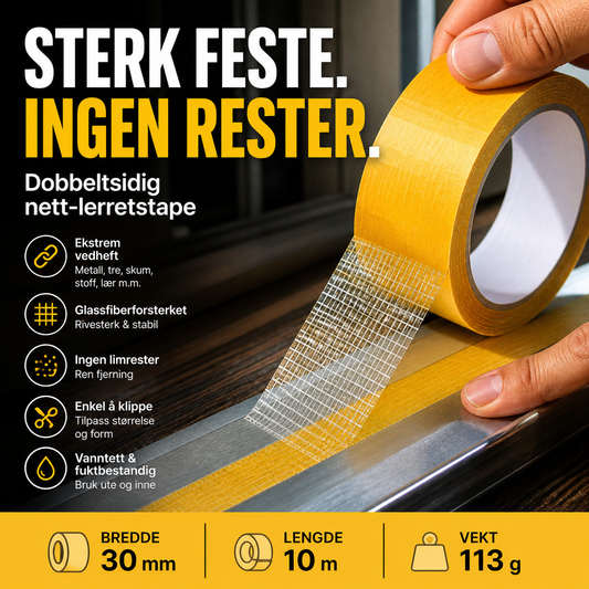 📏 Fiberglass-meshtape – 30mm × 10m, vannavstøtende, ingen limrester. Perfekt til tre, metall og lær! 🔧✨