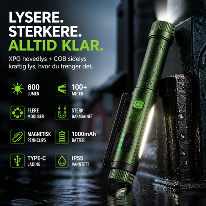 🔦 Magnetisk pennelykt i aluminium – 600 lumen, XPG+COB, 7 lysmoduser, Type-C. Sterk magnet i hode og hale – tåler regn og støt! 💪🌧️