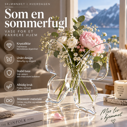 🦋 Gjennomsiktig sommerfuglvas – krystallklar plast, stabil base. Perfekt til blomster, bordpynt og gaver! ✨💐
