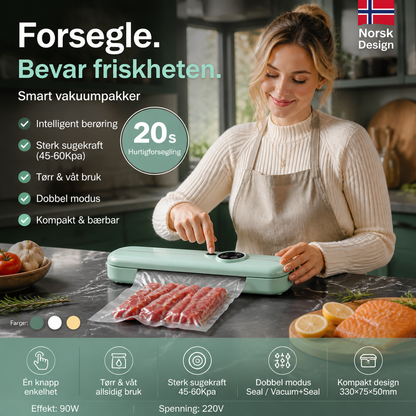 🥫 Automatisk vakuumforsegler – 45–60Kpa, 20 sek, tørr/våt mat. Forlenger holdbarheten – kompakt og enkel! 🔒✨