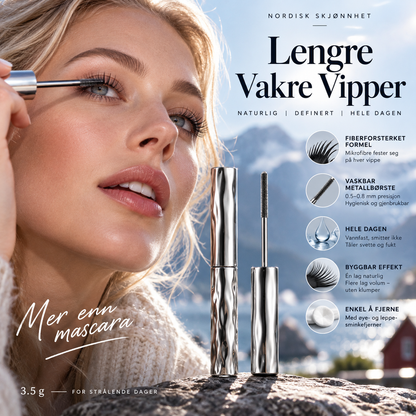 👁️ Mascara med mikrofibre og metallbørste – forlenger, løfter, klumper ikke. Vannfast og vaskbar – perfekt for store vipper! ✨💄