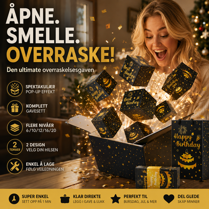 🎁 Overraskelsesgaveboks – 6–20 lag, hoppende esker, sort/gull. Perfekt til bursdager og jubileer! 🥳✨