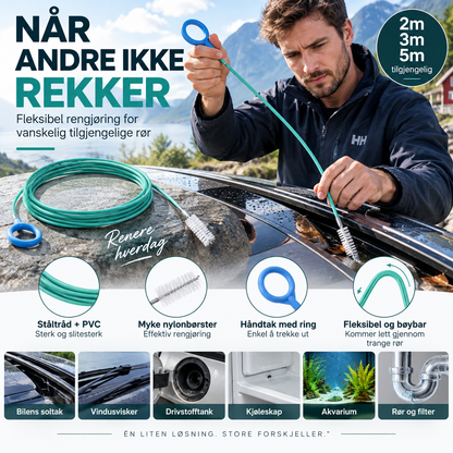 🚗 Fleksibel drensrensebørste – 2/3/5 m, nylonbust, stålwire. Renser soltak, drivstofftank og kjøleskap – enkel og skånsom! 🛠️✨
