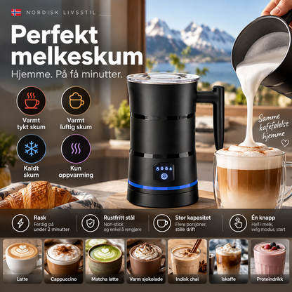 ☕ Elektrisk melkeskummer i rustfritt stål – 4 moduser, varm/kald skum, klar på 2 min. Baristakvalitet hjemme! ✨🥛