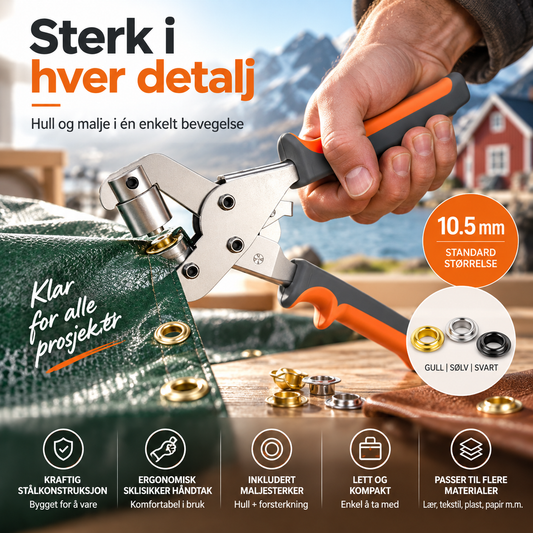🔨 Håndholdt hulltang med maljer – nikkel-krom stål, 10,5 mm, ergonomisk grep. Perfekt til lær, stoff og DIY! ✨💪