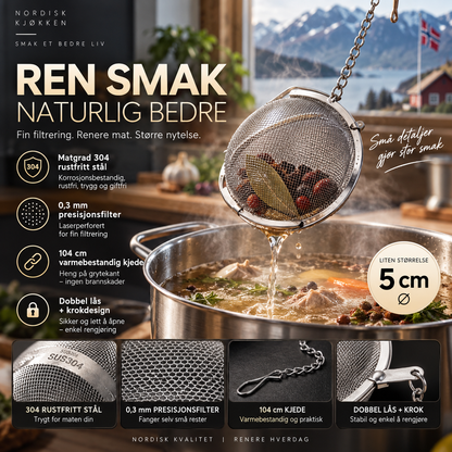 🌿 Krydderkule i 304 rustfritt stål – 0,3 mm finmasket sil, 104 cm kjetting. Filtrerer krydder og te perfekt! ✨🍲