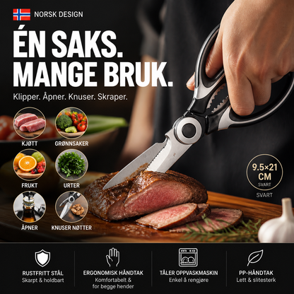 🔪 Multifunksjonell kjøkkensaks – kutter kjøtt, grønnsaker, fisk, nøtter og mer. Rustfritt stål! 🦴✨