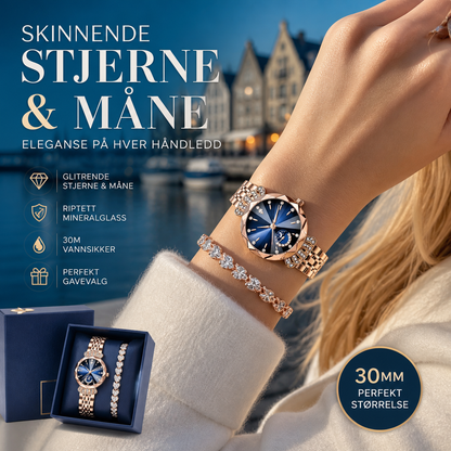💫 Stilig dameklokke med diamanter – himmelinspirert design, holdbar og elegant. Justerbar lenke i rustfritt stål – passer både hverdag og fest! 🕊️🌙