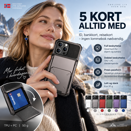 📱 Lommebok-deksel med kortplass – 5 kort, TPU+PC, støtdempende. Beskytter telefon og kortholder! ✨💳