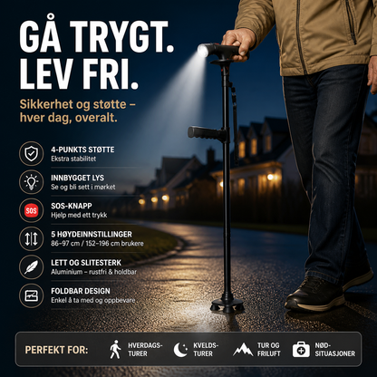 🦯 Multifunksjonell foldbar stokk for eldre – aluminium, LED-lys, alarmknapp, 4-punkts støtte. Justerbar høyde (33.9–38 tommer) – trygghet til fjells og på tur! 🔦🚨