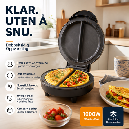 🍳 Dobbelsidig elektrisk grill – jevn steking uten snu, non-stick PTFE-belegg. Lag omelett, pannekaker og egg på få minutter – raskt og enkelt! ⏰💪