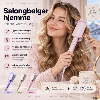 💅 BLITZTILBUD: 50 % RABATT! 32 mm krølltang – negative ioner, 4 temperaturinnstillinger 160–220 °C og automatisk avstengning etter 60 minutter for voluminøse krøller ✨