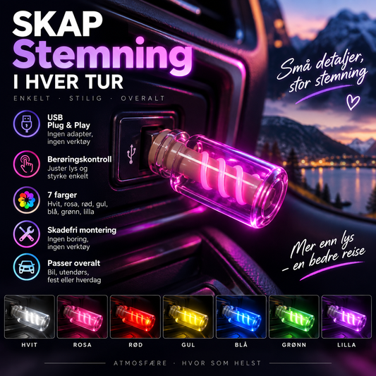 🚗 USB LED-billys – 7 farger, berøringskontroll, plug-and-play. Gjør bilinteriøret koselig på sekunder! ✨🌈