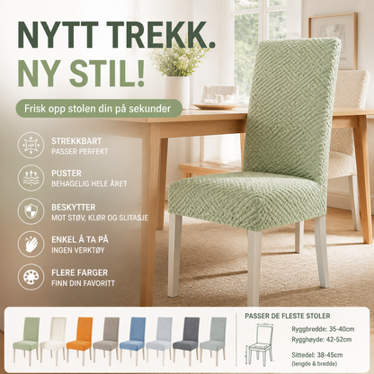 🪑 Tøyeleg trekk til stol – høystretch, én-dels, passer alle størrelser. Beskytter mot slitasje og riper! 🛡️✨