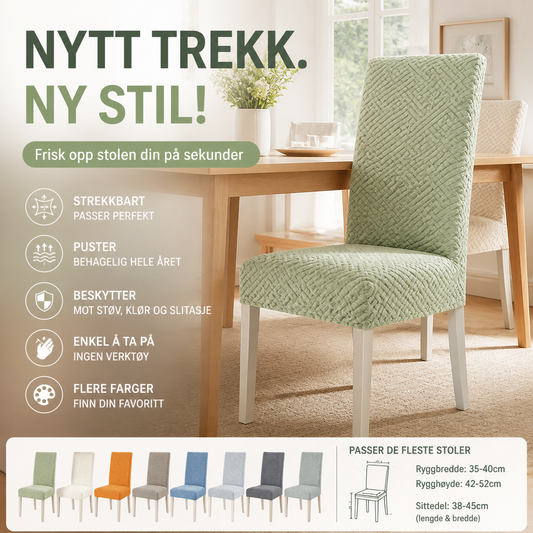🪑 Tøyeleg trekk til stol – høystretch, én-dels, passer alle størrelser. Beskytter mot slitasje og riper! 🛡️✨