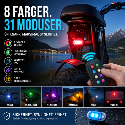 🚁 Strobelykt med 8 farger – trådløs, kompakt og kraftig. USB-lading, vanntett plugg, fjernstyring – ideell til RC-biler, båter, sykler og friluftsliv! ✨🔋