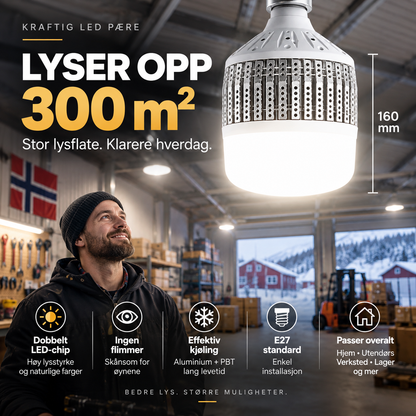 💡 Kjempe LED-pære 160mm – dobbel kjerne, 300m² dekning, E27, høy fargegjengivelse. Perfekt til store rom! ✨🔌