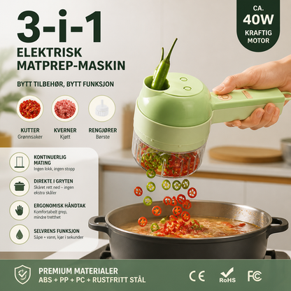 🔪 Elektrisk kjøkkenmaskin – kutter grønnsaker, kvern kjøtt, børster rent. 3‑i‑1! ⚡🍽️