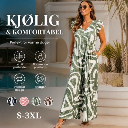 🌸 Kvinners vidbent jumpsuit med rysjedetaljer – lett og luftig polyester, geometriske mønstre, løs passform. Perfekt til sommerdager og bevegelsesfrihet! ✨🌞