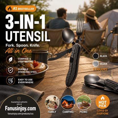 🍴 4‑i‑1 sammenleggbart tur-bestikk – kniv, gaffel, skje og flaskeåpner i ett. Rustfritt stål – perfekt for camping! 🏕️✨