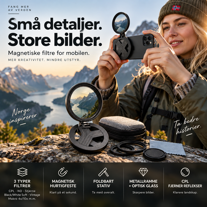 📸 Magnetisk mobilfilter – 13 varianter (CPL, ND, stjerne, makro). Foldbart design, klar for kreative bilder! ✨🔍