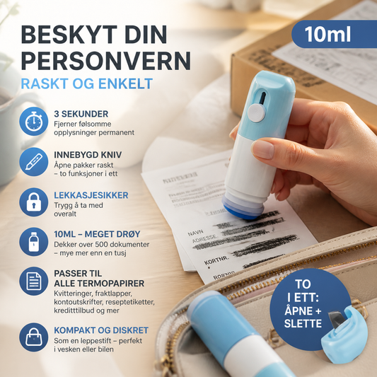 🖊️ Termisk papir-fjerner – slett navn, adresse og bankinfo. Kompakt og lekkasjesikker! 📦🔐