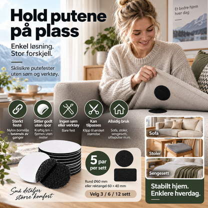 🛋️ Antiskli-pads for sofaputer – sterkt borrelås, vanntett, gjenbrukbar. Holder puter og tepper på plass! ✨🧵