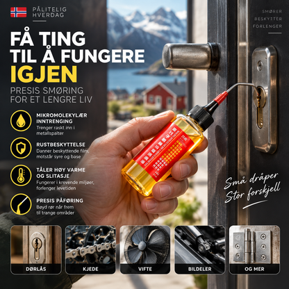🔧 Mikromolekylært smøremiddel – trenger inn, smører, forebygger rust. Perfekt til låser, kjeder og gir! ⚙️✨